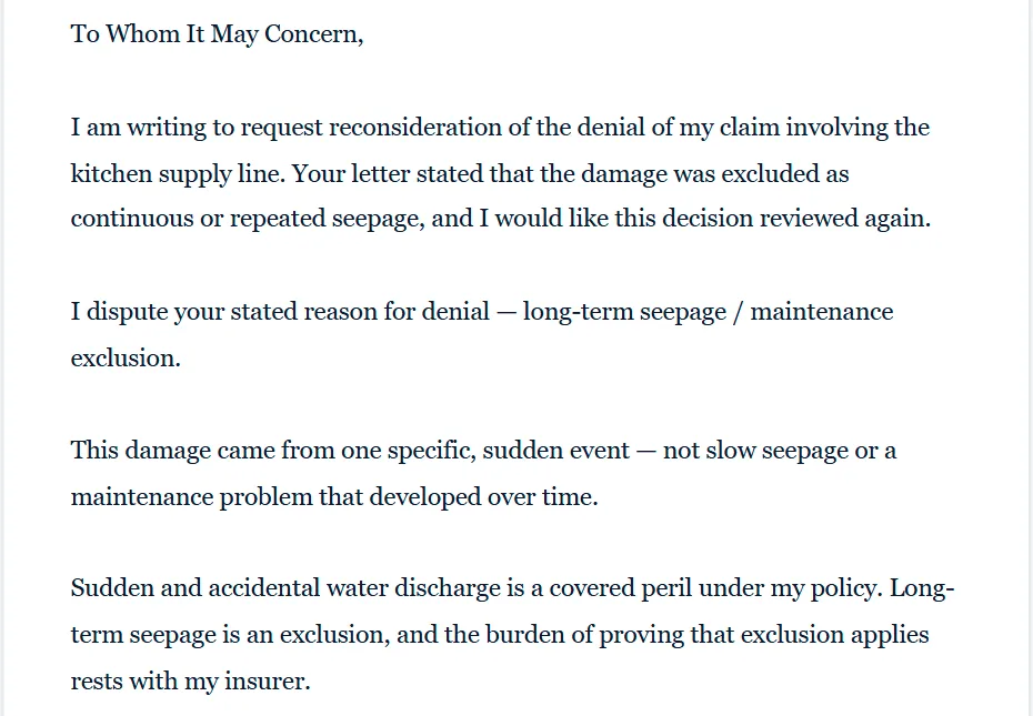 Reconsideration letter that disputes the stated denial reason with the homeowner's facts